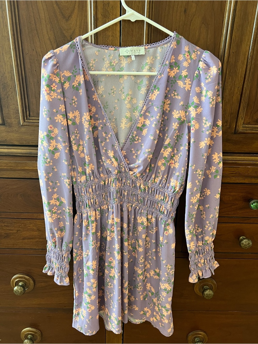 Wayf Lavender Floral Long Sleeve Smocked V-Neck Dress